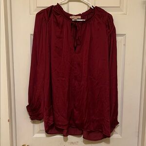 Philosophy Women’s Burgundy Top Ruffle Details V-Neck w/tie Semi-Sheer Size 1X